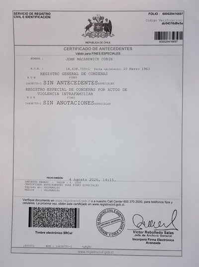Certificado de antecedentes fines especiales - 4 agosto 2026