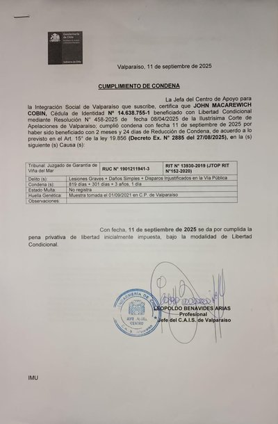 Cumplimiento de Condena 11 septiembre 2025
