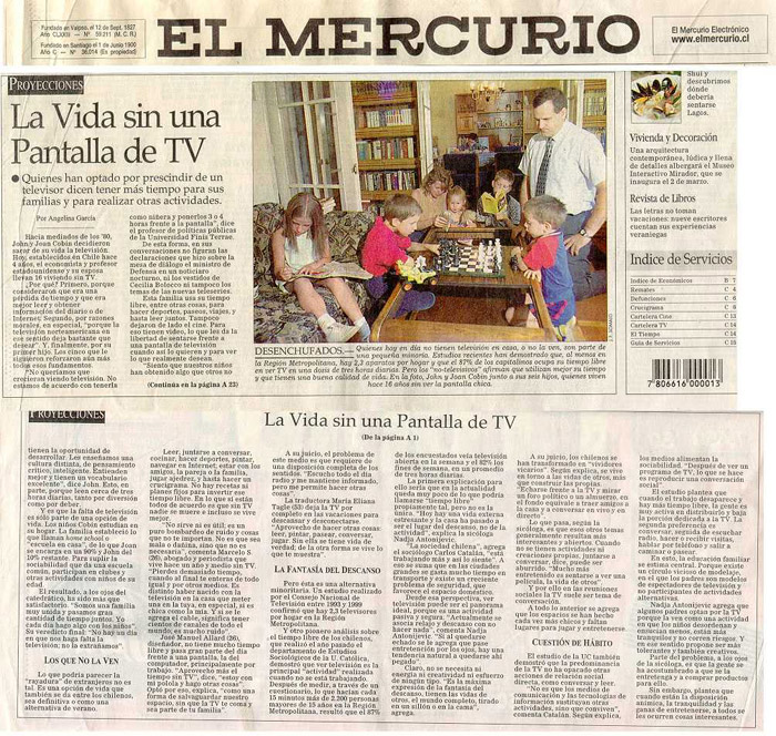 Front page article in El Mercurio (Chile's major newspaper)