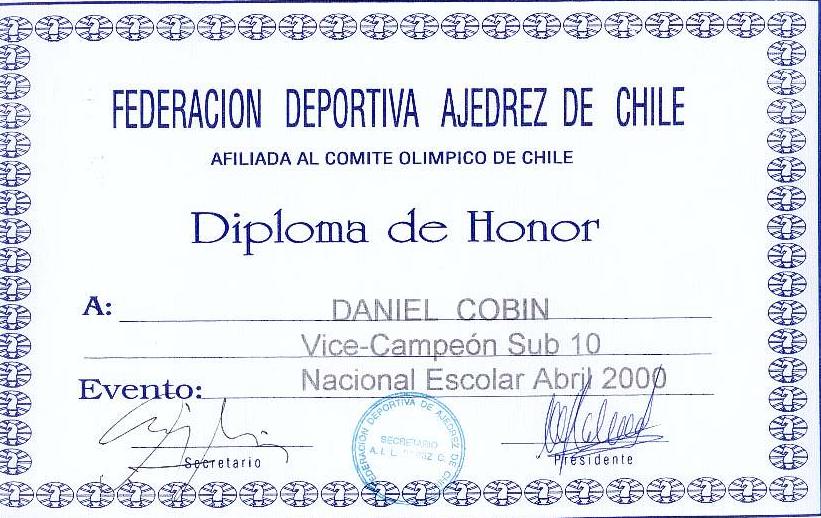 Daniel's diploma for being 2nd place in the Sub-10 category (April 2000)