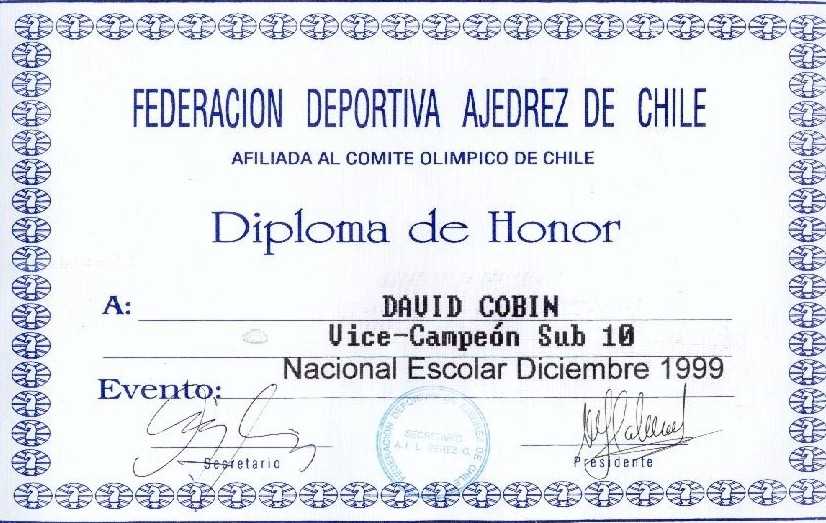 David's diploma for being 2nd place in the Sub-10 category (December 1999)