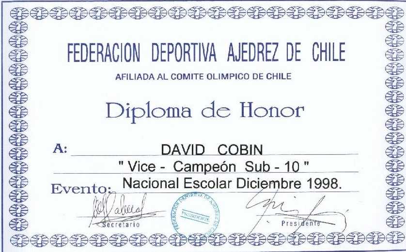 David's diploma for being 2nd place in the Sub-10 category (December 1998)