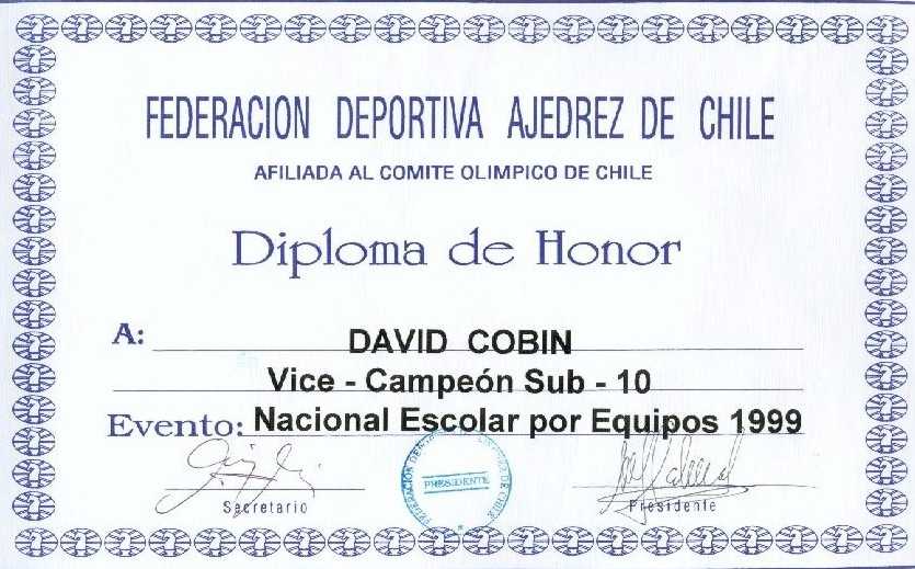 David's diploma for being 2nd place in the Sub-10 category (1999)