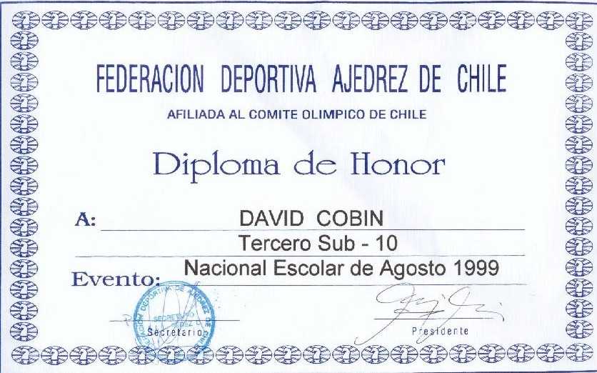 David's diploma for being 3rd place in the Sub-10 category (August 1999)