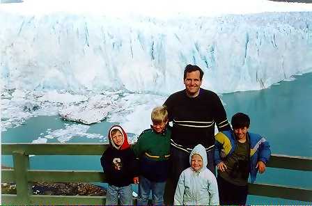 Daniel, David, Dad, Joshua and Grace in front of the glacier Perito Moreno in Argentina