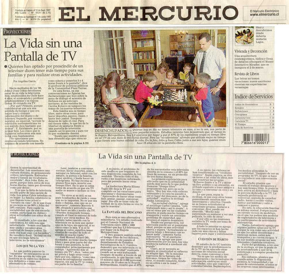 Front page article in El Mercurio (Chile's major newspaper)