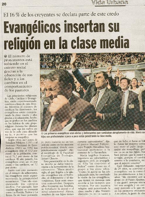 Artículo de diario que muestra que 16% de los chilenos se declaran cristianos (mayo de 1999)