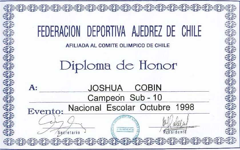 Joshua's diploma for being 1st place in the Sub-10 category (October 1998)