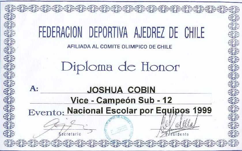 Joshua's diploma for being 2nd place in the Sub-12 category (August 1999)