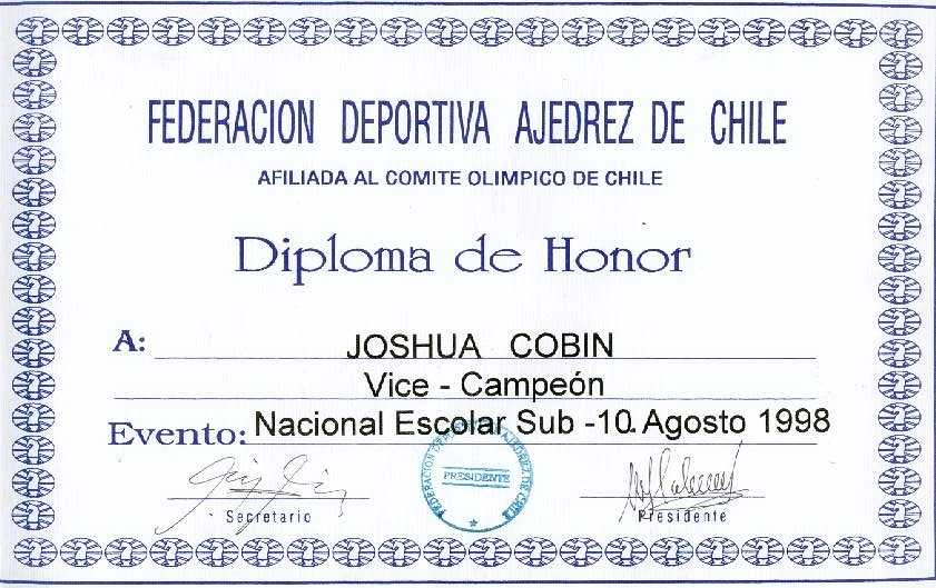Joshua's diploma for being 2nd place in the Sub-10 category (August 1998)