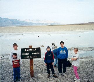 Matthew, David, Daniel, Joshua, and Grace in Badwater, Death Valley [lowest point on earth] (November 20, 2000)